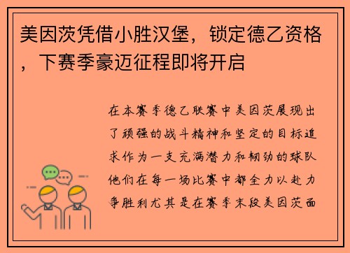 美因茨凭借小胜汉堡，锁定德乙资格，下赛季豪迈征程即将开启