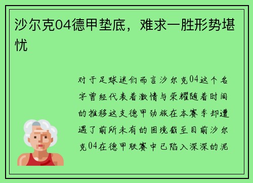 沙尔克04德甲垫底，难求一胜形势堪忧